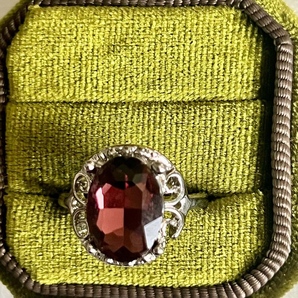 Vintage Oval Red Tourmaline Filigree Cocktail Ring Silver-Plated Size 8
